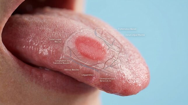 Medical illustration of a human tongue featuring a red erythematous patch with an anatomical diagram of muscles and nerves