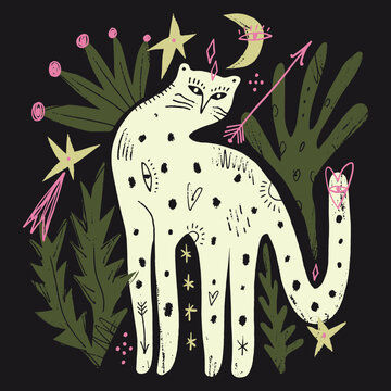 Artisanal doodle childish folk art baby leopard vector illustration, naive style wild cat with cactus and celestial moon symbols, modern boho linocut graphic 