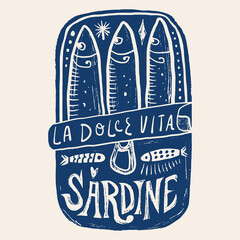 Naklejka premium Doodle mediterranean canned sardines illustration with open tin can, fish trio, and la dolce vita lettering in artisanal linocut vector.