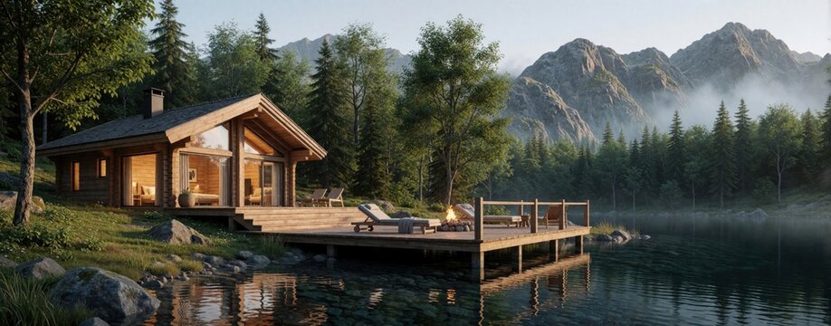 Modern wooden cabin sits on lake shore with large deck chairs near campfire. Scenic mountain landscape features pine forest mist hills calm water reflections at sunset. Relaxing retreat rental home