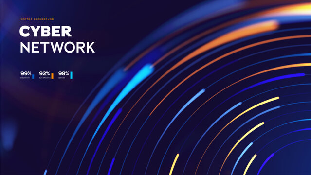 Cyber Network Technology Background With Dynamic Neon Lines And Digital Data Flow. Digital Transformation, Powerful Cyber Networks For Future Connectivity And Security. Vector Illustration.