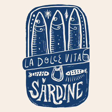 Doodle mediterranean canned sardines illustration with open tin can, fish trio, and la dolce vita lettering in artisanal linocut vector.