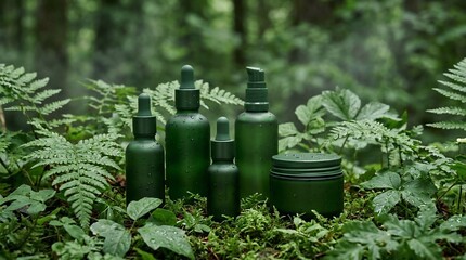 Obraz premium Green cosmetic bottles and jars in lush forest foliage for natural organic skincare product presentation