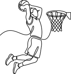 Continuous line drawing of a basketball player performing a slam dunk. © Hyiu