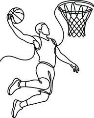 Continuous line art drawing of a basketball player performing a slam dunk. © Hyiu