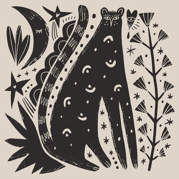 Artisanal doodle childish folk art baby leopard vector illustration, naive style wild cat with cactus and celestial moon symbols, modern boho linocut graphic 