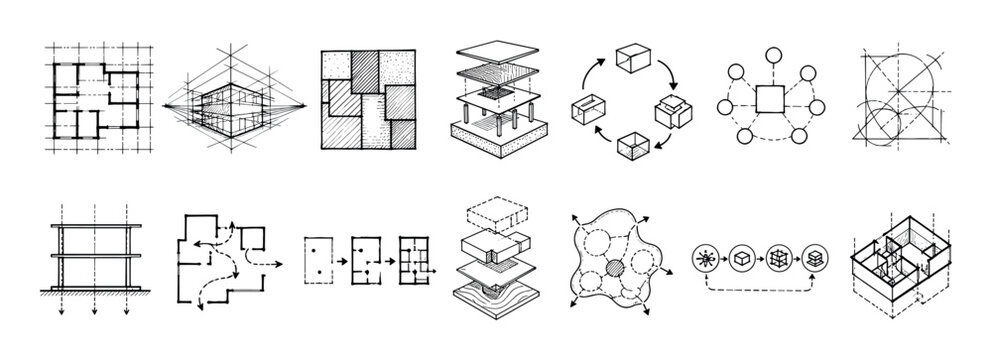 Collection of hand-drawn architectural diagrams showing various design concepts like floor plans, perspective views, flowcharts, and structural elements in a clean sketch style