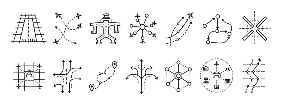 Set of aviation and logistics line icons in a minimalist hand-drawn style showing various routes, flight paths, airport layouts, and network diagrams for transportation planning