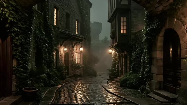 Paris, France, Europe. A moody, atmospheric depiction of a cobblestone alleyway at night. The alley is lined with stone buildings, each adorned with hanging lanterns and ivycovered windows.