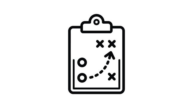 Minimalist black outline clipboard icon displaying a tactical sports game plan with directional arrows and circles on white background