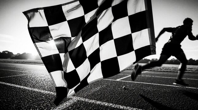 Male athlete running fast on stadium track toward finish line. Person wins marathon race with checkered flag waving in front. Sporty man demonstrates determination strength effort during competition.