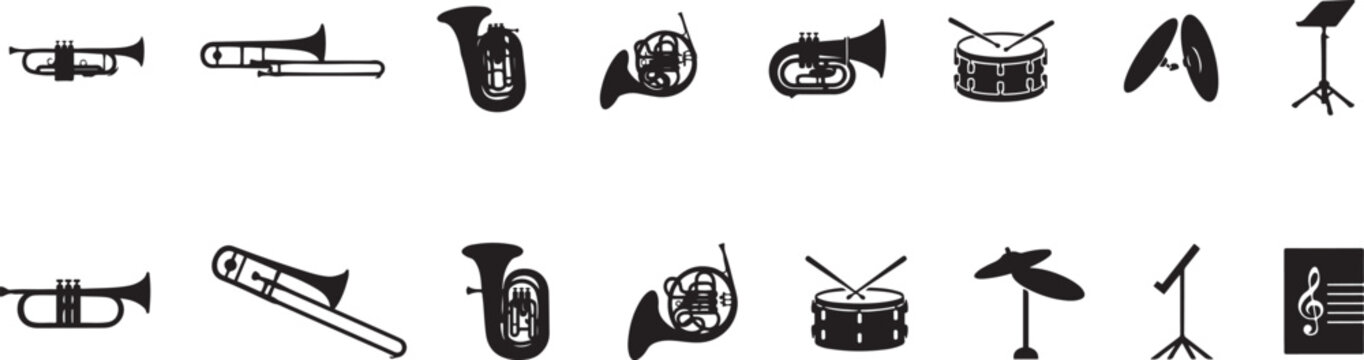 Trumpet silhouette vector icon set with brass instruments trombone and music band equipment symbols. silhouette vector illustration