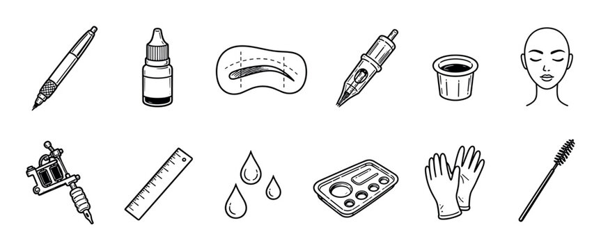 Set of hand-drawn microblading icons for permanent makeup, featuring a tattoo machine, pigment, needle, practice skin, and other professional tools in a simple line art style