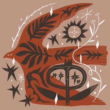 Doodle artisanal mystical folk art bird vector illustration, naive style silhouette flying filled with botanical flowers and celestial stars, modern dark cottagecore boho graphic
