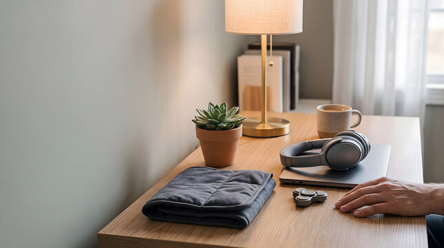 Cozy desk setup featuring sensory tools like a fidget spinner and blanket.