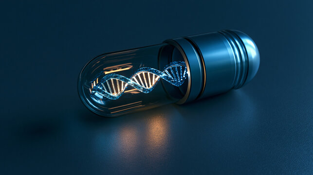 Exclusive photo of A glowing DNA strand inside a futuristic medical pill capsule. Concept for advanced gene therapy, pharmaceutical innovation, and biotechnology research.