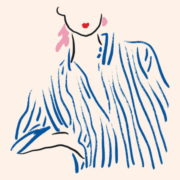 Minimalist artisanal woman abstract portrait striped shirt fashion line art female model girl poster illustration vector