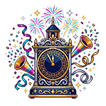 Vibrant New Year's Eve celebration graphic featuring an ornate vintage clock striking midnight, surrounded by explosive fireworks, shimmering confetti, and festive party horns