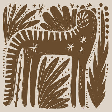 Doodle baby artisanal folk art tiger vector illustration with celestial elements, naive style wild cat under stars, modern bohemian line art graphic 
