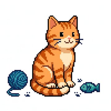 Pixel art ginger cat sitting with a ball of blue yarn and a toy fish, cute retro pet illustration