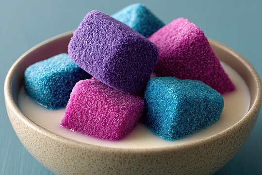 A delightful pile of colorful sugar gumdrops partially submerged in creamy milk, showcasing a vibrant and sweet treat.