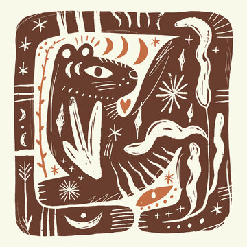 Doodle baby artisanal folk art tiger vector illustration with celestial elements, naive style wild cat under stars, modern bohemian line art graphic 