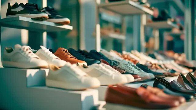 Paris, France, Europe. A vibrant, outdoor scene shows a row of shoes neatly arranged on a conveyor belt. The shoes are of various colors and styles, including white, black, green, brown, and pink.