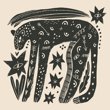 Artisanal doodle childish folk art baby leopard vector illustration, naive style wild cat with cactus and celestial moon symbols, modern boho linocut graphic 