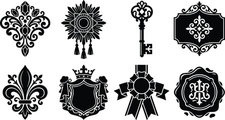 Vintage royal design element set featuring fleur de lis damask motif key badge crest ribbon and wax seal vector © Dipu