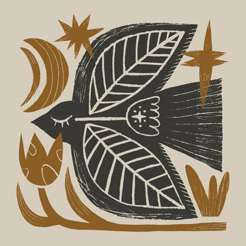 Doodle artisanal mystical folk art bird vector illustration, naive style silhouette flying filled with botanical flowers and celestial stars, modern dark cottagecore boho graphic