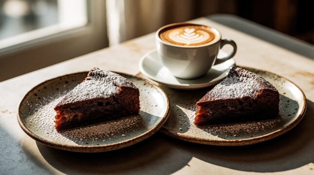 Rich chocolate torta caprese slices dusted with powdered sugar sit on rustic plates next to a latte with latte art. Cafe dessert treat and coffee break.
