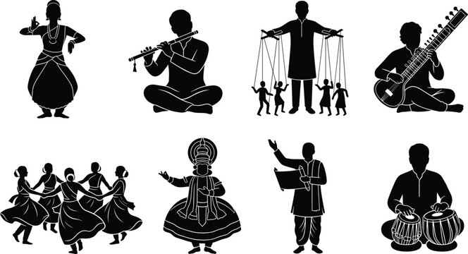 Indian traditional classical music and dance silhouette vector set featuring sitar bansuri tabla kathakali puppeteer and folk dancer