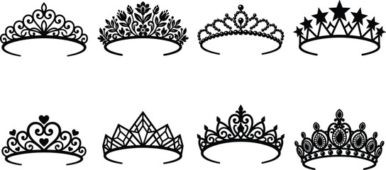Elegant royal tiara and princess crown silhouette vector set featuring floral star heart and ornate jeweled designs isolated on white © Dipu