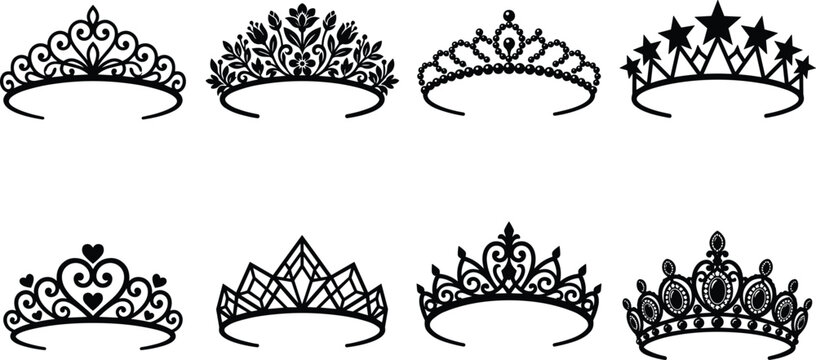 Elegant royal tiara and princess crown silhouette vector set featuring floral star heart and ornate jeweled designs isolated on white