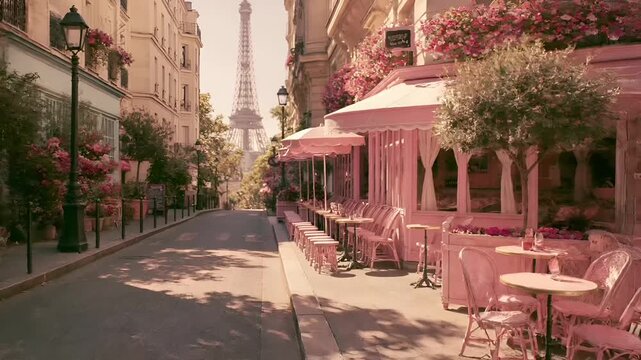 Paris, France, Europe. A vivid portrayal of a Parisian street scene, with the Eiffel Tower visible in the background. The main subject is a quaint cafe with pink awnings and tables.