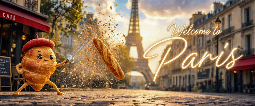 Kawaii Croissant Fencing Welcome to Paris Banner