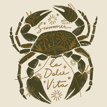 Mystical crab illustration with la dolce vita and italy calligraphy lettering, crescent moon, eye, and celestial stars in artisanal folk art vector