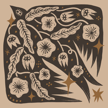 Doodle artisanal mystical folk art bird vector illustration, naive style silhouette flying filled with botanical flowers and celestial stars, modern dark cottagecore boho graphic