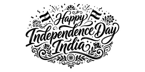 Happy independence day india hand lettering typography design with decorative floral elements and national flag icons © MdRiyad