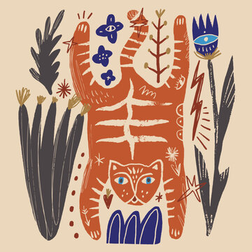 Doodle baby artisanal folk art tiger vector illustration with celestial elements, naive style wild cat under stars, modern bohemian line art graphic 