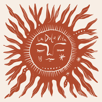 Doodle mystical celestial sun face illustration artisanal folk art summer vector