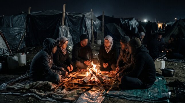 Refugees sitting around a campfire at night. Displaced people warming by a fire in camp.