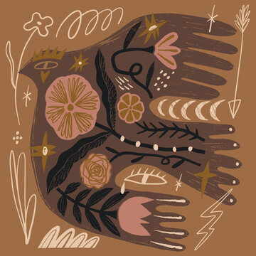 Doodle artisanal mystical folk art bird vector illustration, naive style silhouette flying filled with botanical flowers and celestial stars, modern dark cottagecore boho graphic