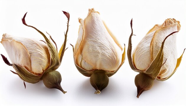 Three Dried White Rose Buds Isolated On White Background