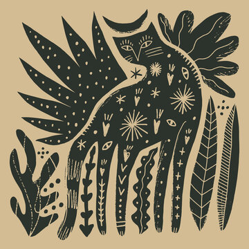 Artisanal doodle childish folk art baby leopard vector illustration, naive style wild cat with cactus and celestial moon symbols, modern boho linocut graphic 