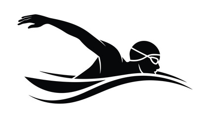 Swimmer Silhouette. A dynamic illustration depicts a swimmer in a powerful freestyle stroke, slicing through stylized water waves. © Vector By Kolpona