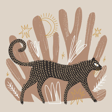 Artisanal doodle childish folk art baby leopard vector illustration, naive style wild cat with cactus and celestial moon symbols, modern boho linocut graphic 