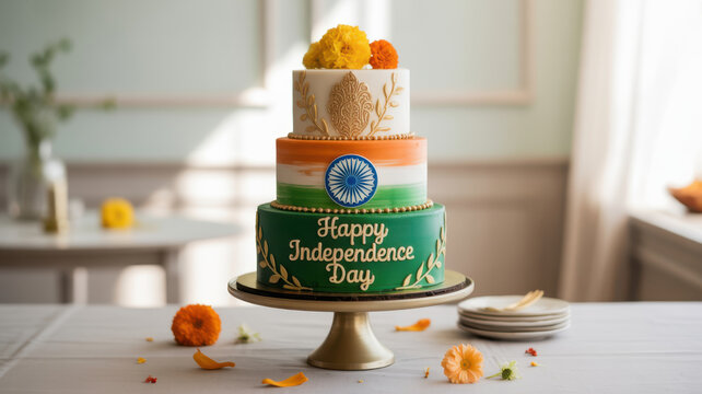 Three tiered cake decorated with Indian flag colors for Independence Day celebration.