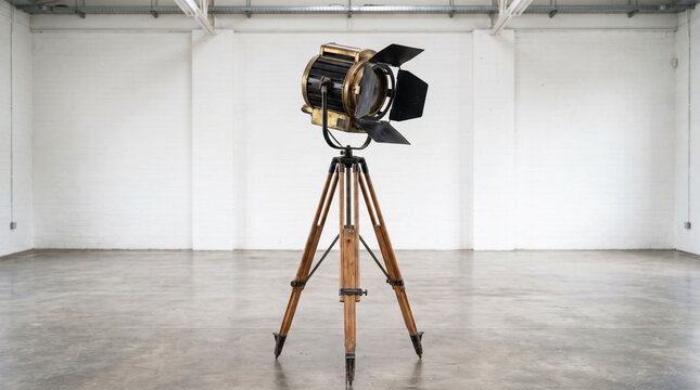 Vintage industrial spotlight on a wooden tripod stand in a studio space