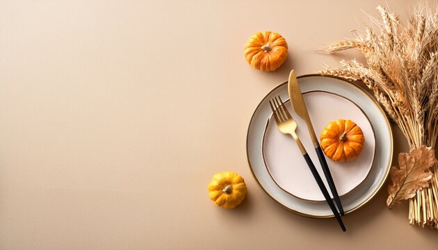 Minimal Autumn Table Setting With Pumpkins And Wheat On Beige Background